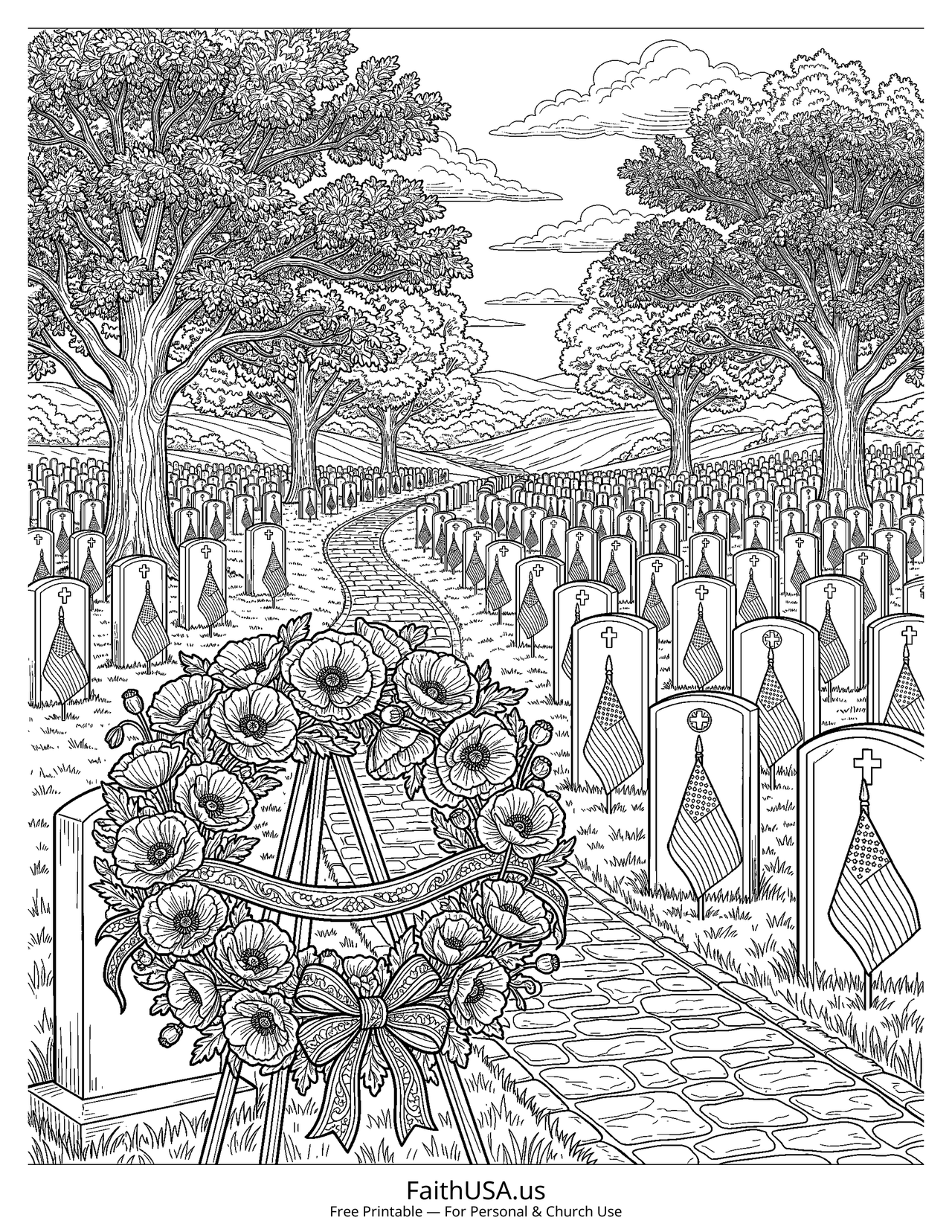 Cemetery Flags (Detailed) - Free printable memorial day coloring page