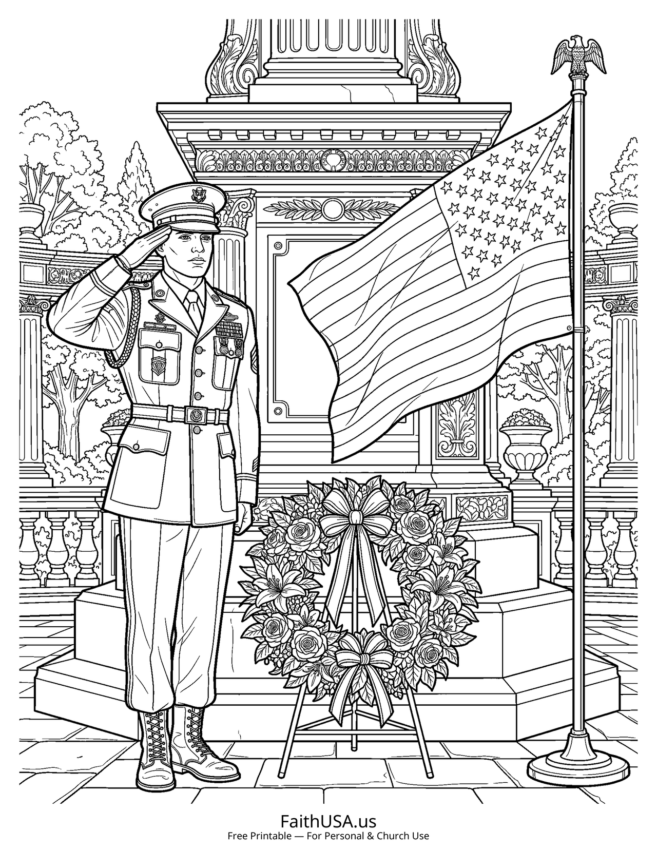 Soldier Salute Memorial (Detailed) - Free printable memorial day coloring page