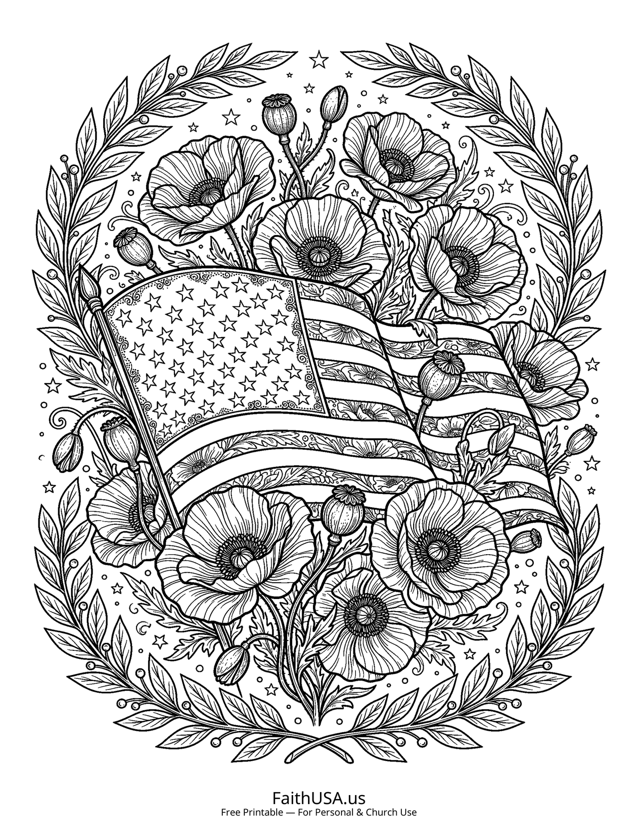 Memorial Poppies (Detailed) - Free printable memorial day coloring page