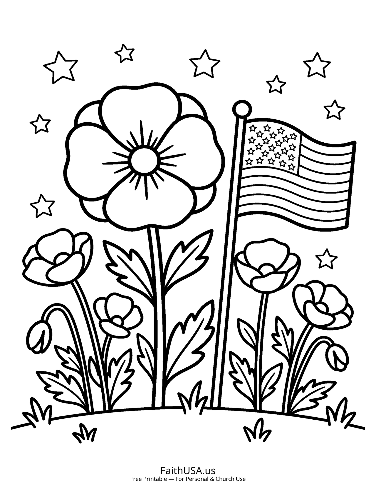 Memorial Poppies (Simple) - Free printable memorial day coloring page