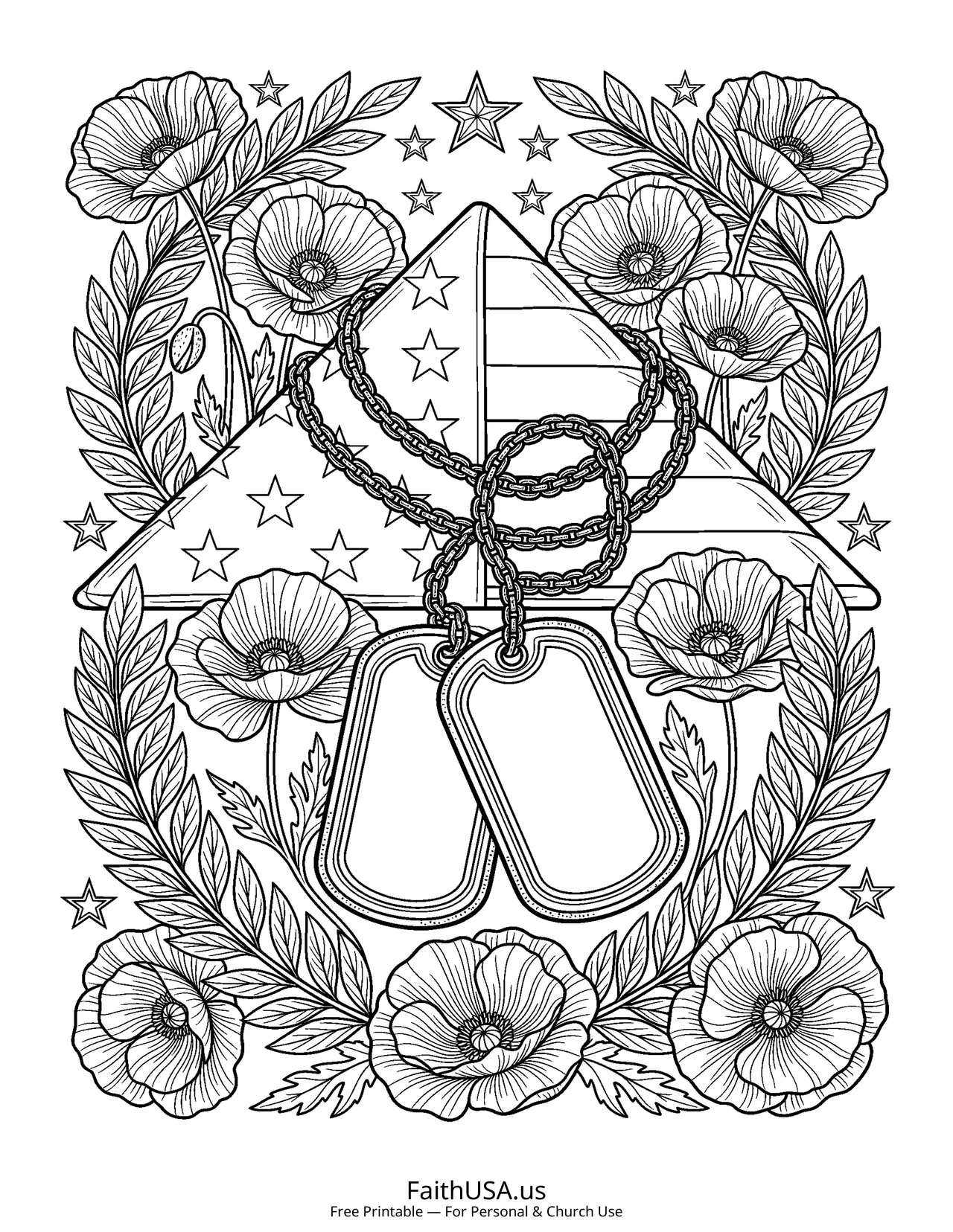 Dog Tags and Flag (Detailed) - Free printable memorial day coloring page
