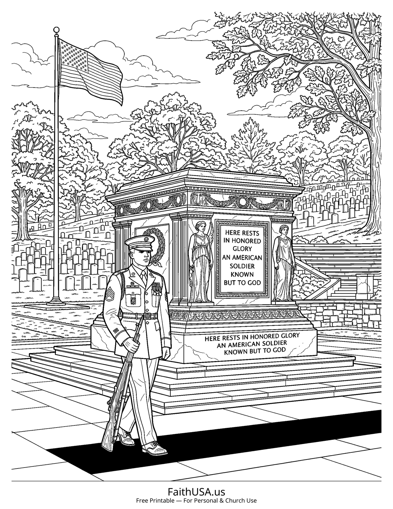 Tomb of the Unknown Soldier (Detailed) - Free printable memorial day coloring page