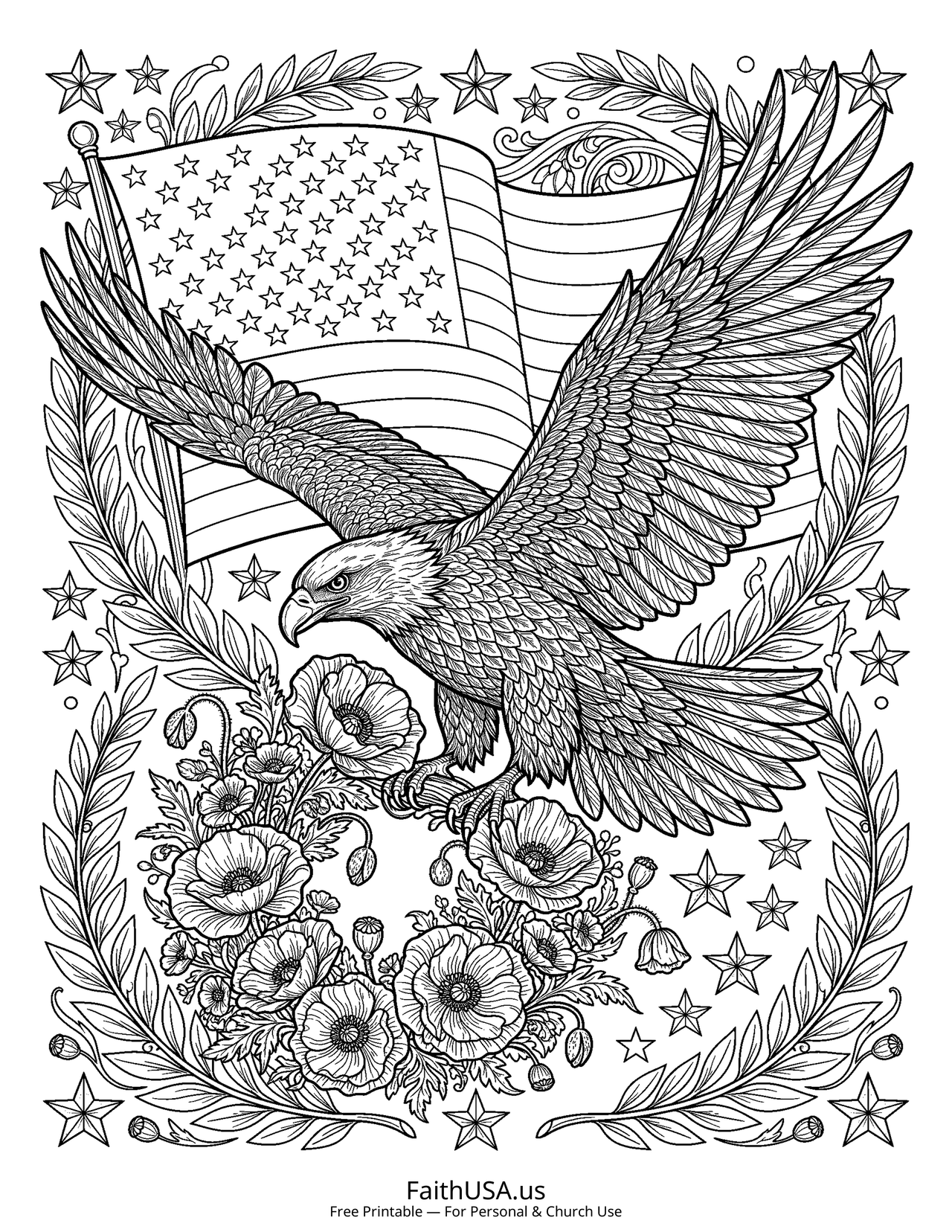 Eagle with Memorial Wreath (Detailed) - Free printable memorial day coloring page