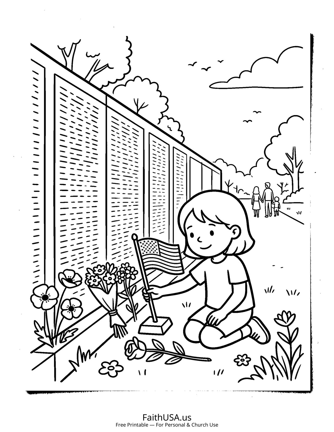 Memorial Wall Tribute (Simple) - Free printable memorial day coloring page
