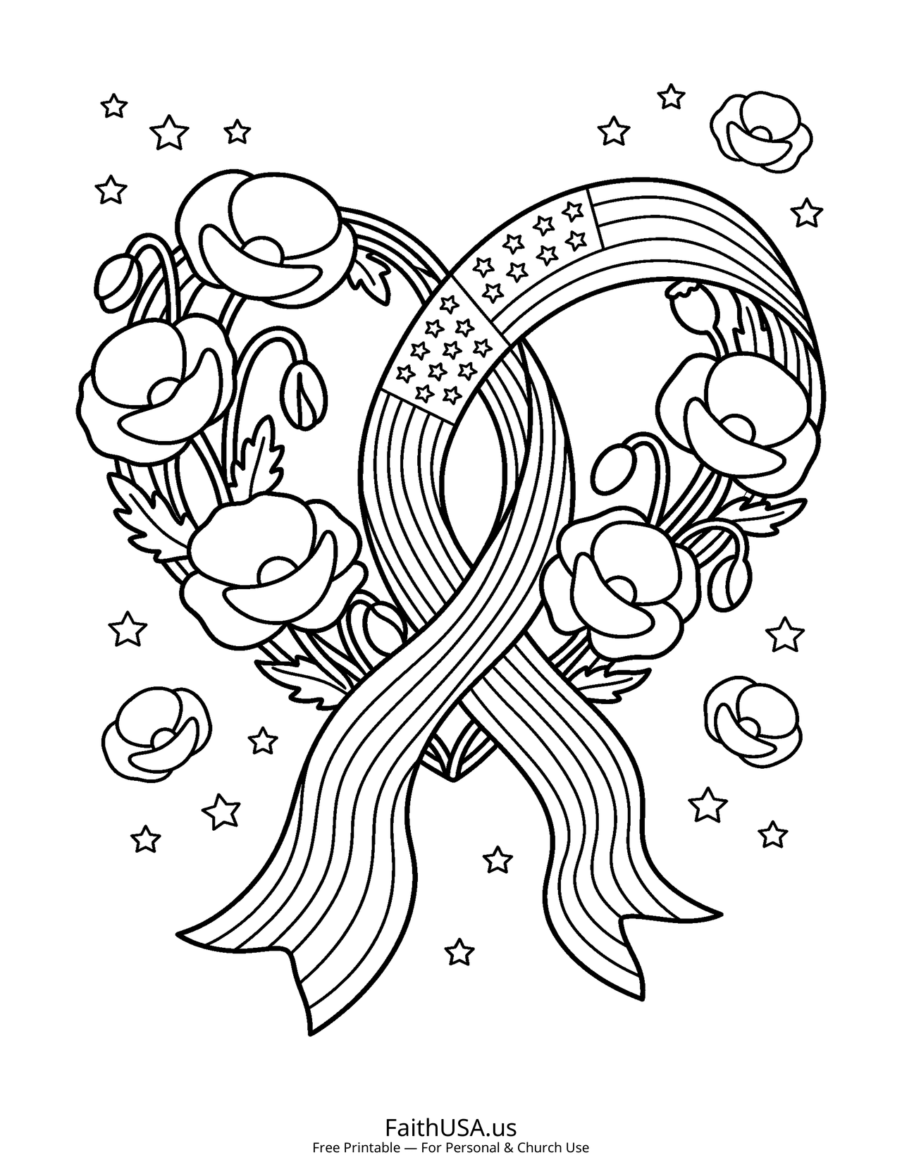 Poppy Heart (Simple) - Free printable memorial day coloring page