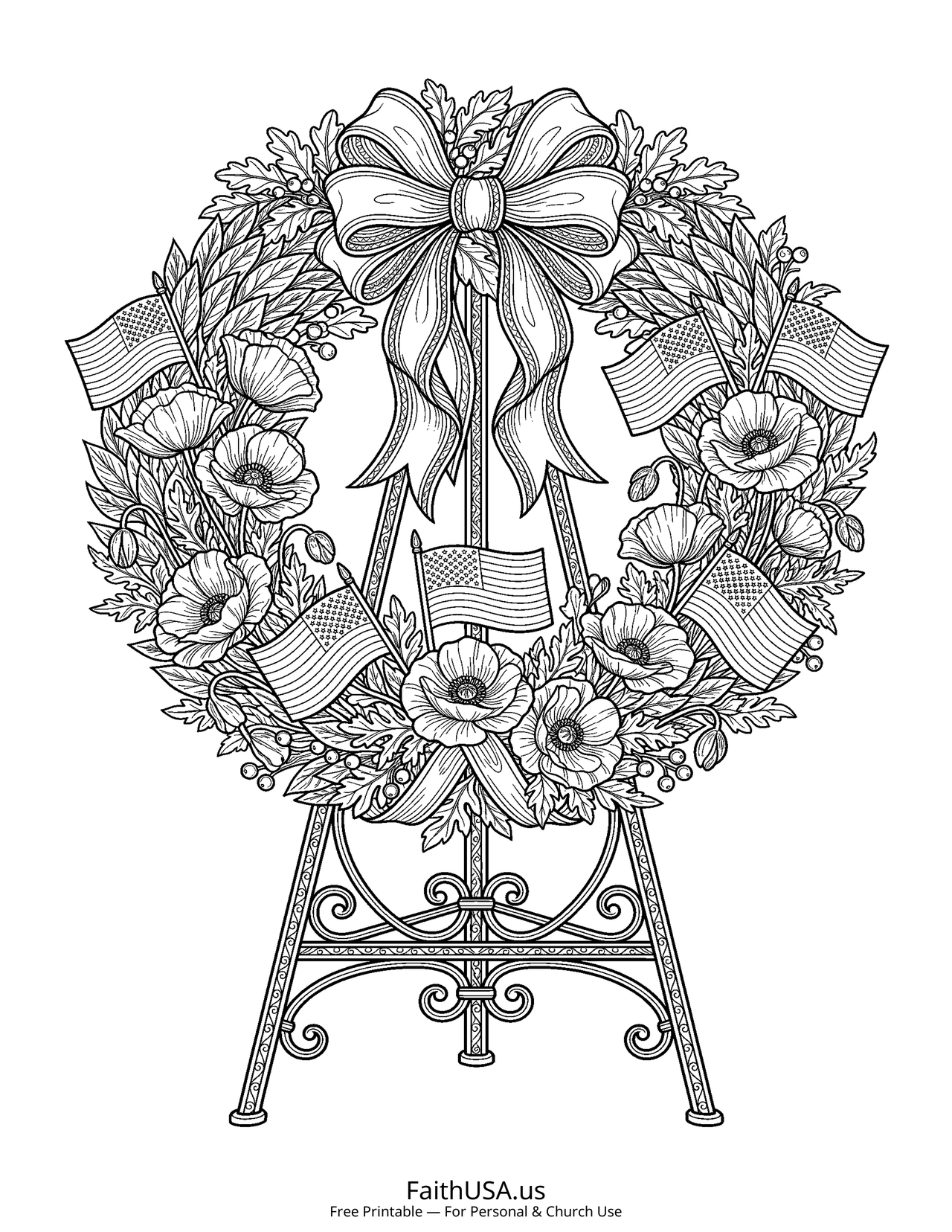 Memorial Wreath (Detailed) - Free printable memorial day coloring page