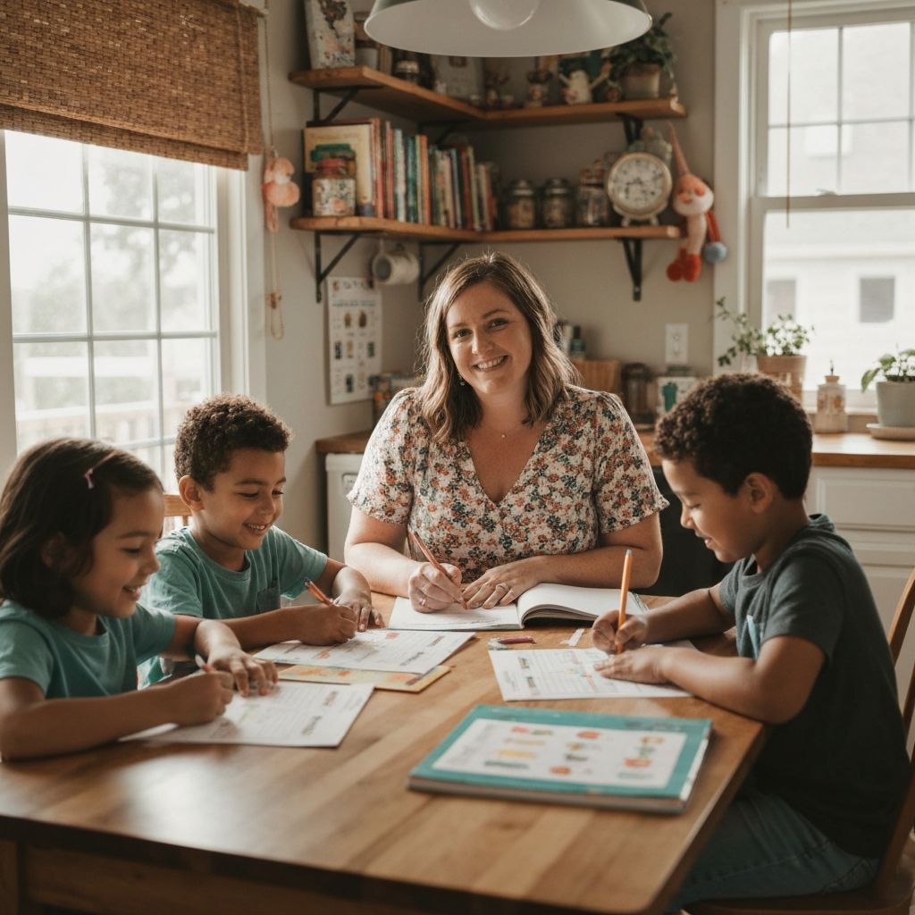Christian family doing homeschool activities